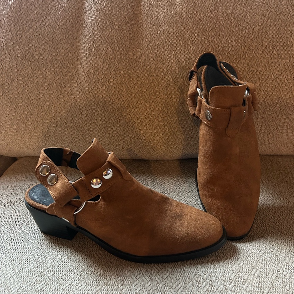 Women’s Indigo Rd Brown Suede Ankle Boots Open Back Silver Studs Low Heel